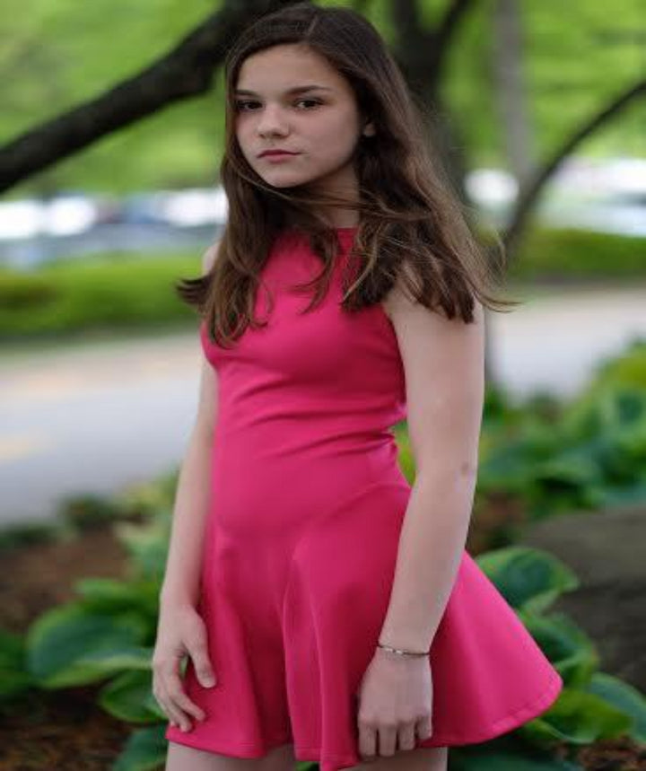 Day Dress Stretchy Neoprene Fit and Flare Halter Magenta