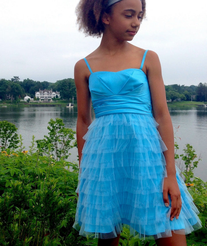 Junior Bridesmaid Party Dress Layered Tulle Mesh with Straps Frozen Blue