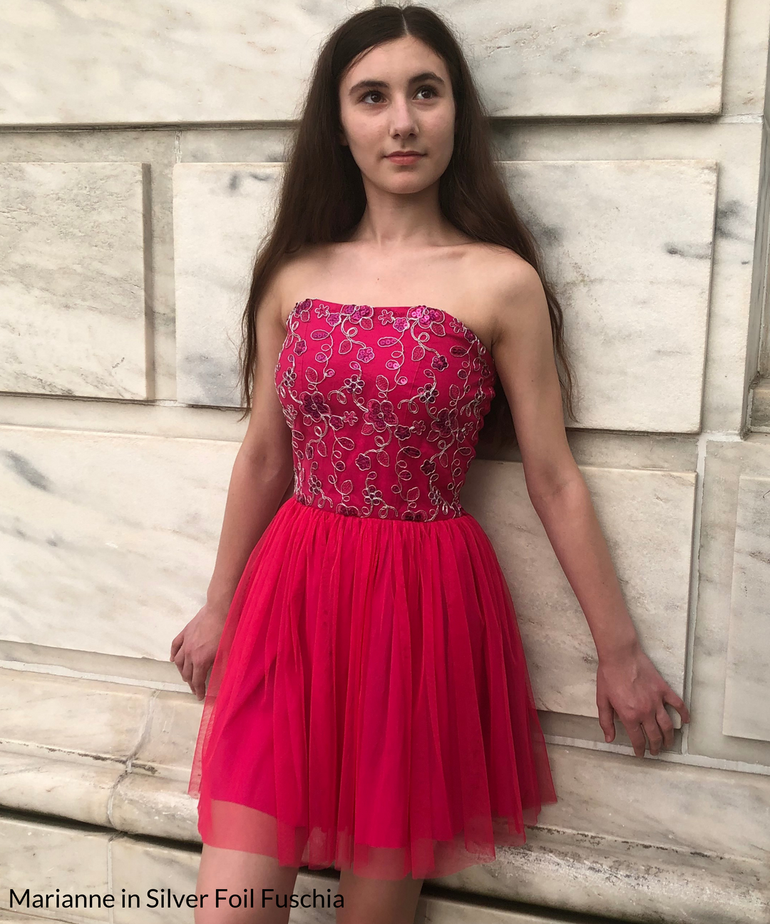 Fuchsia strapless dress with gathered tulle skirt and floral beadwork on top, bat mitzvah, cotillion formal dress tween teen girl