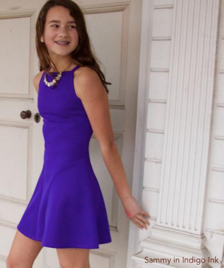 Day Dress Stretchy Neoprene Fit and Flare Halter Indigo Ink 