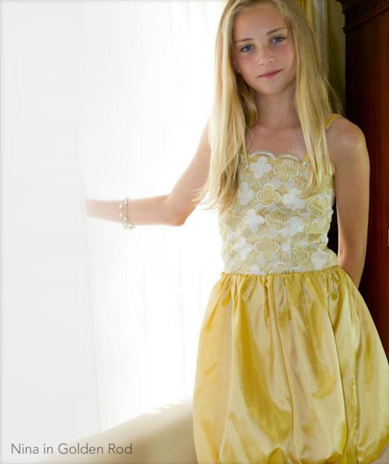 Party Dress with Straps and Embroidered Lace and Taffeta Yellow 