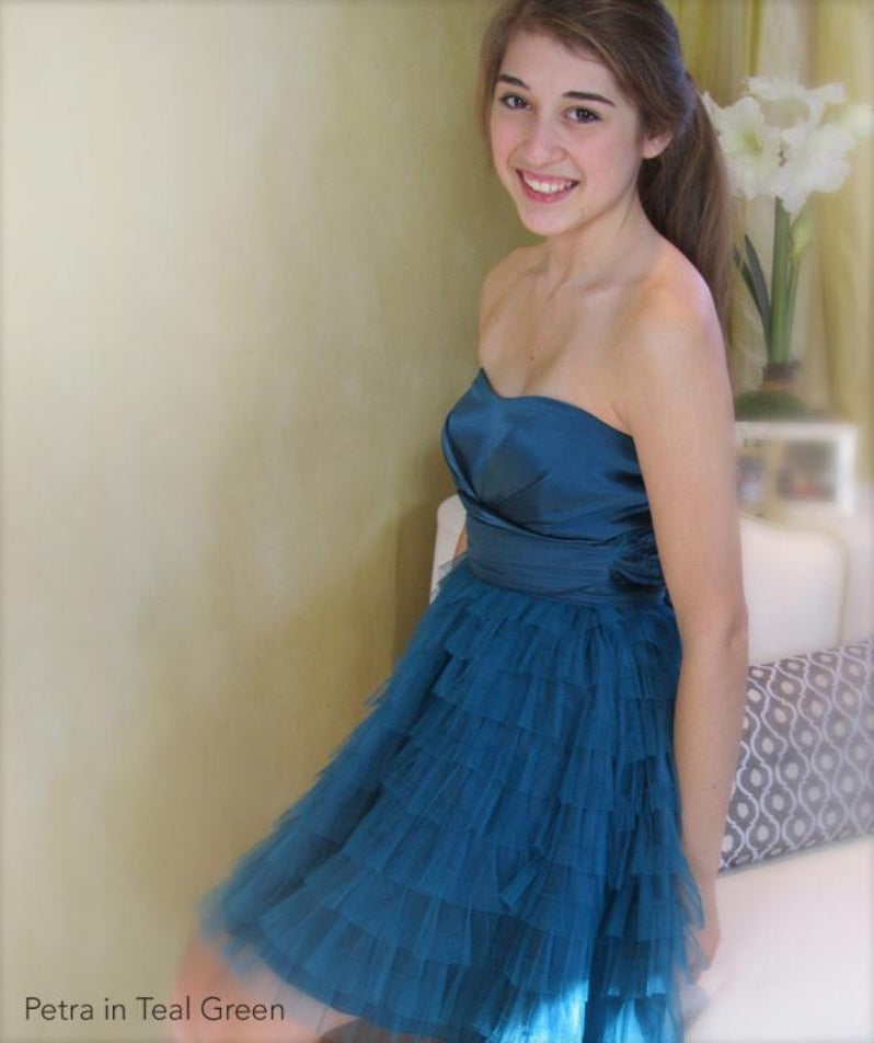 Junior Bridesmaid Party Dress Layered Tulle Mesh with Straps Teal 