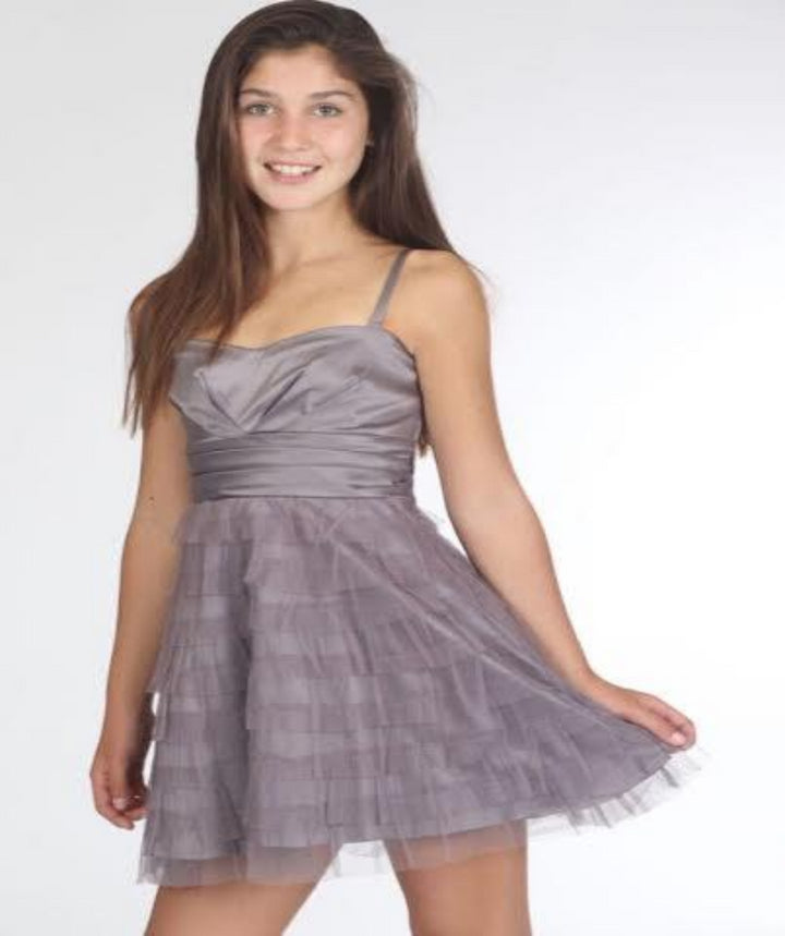 Junior Bridesmaid Party Dress Layered Tulle Mesh with Straps Grey